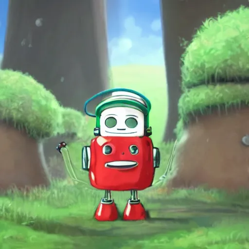 Prompt: cute little smiling robot with tomato hat and one chive in one hand, made in abyss style, standing on a forest