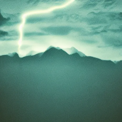 Prompt: silhouette of mountains made of light!!! bright cloudy sky, overexposed retro photography