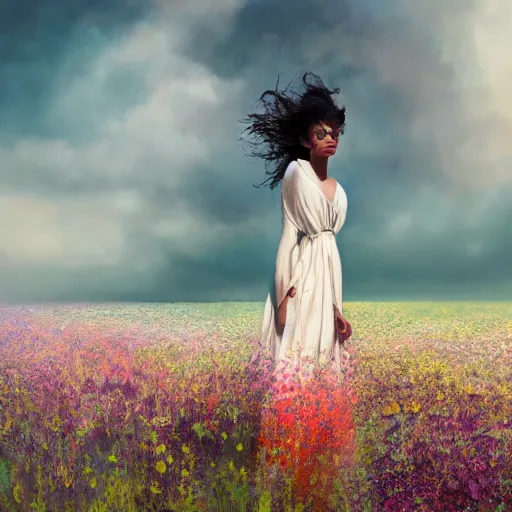 Prompt: a vogue model in a field of flowers, big draping dress, windy, oil painting, pale colors, high detail, 8 k, wide angle, trending on artstation,