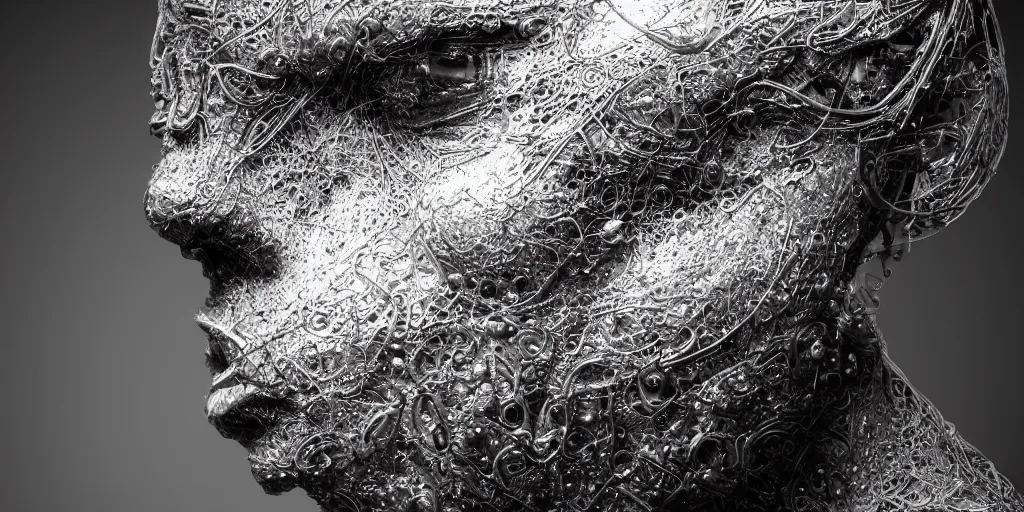 Image similar to hyperrealistic photography of a stunningly beautiful cyborg male, consciences being installed sci - fi, intimate, intricate filigree, fibonacci, in the style of beth cavener, jin kagetsu, and wlop, highly detailed, chrome face symmetry, masterpiece, award winning, sharp focus, concept art, high key, ambient lighting, 8 k, octane render,