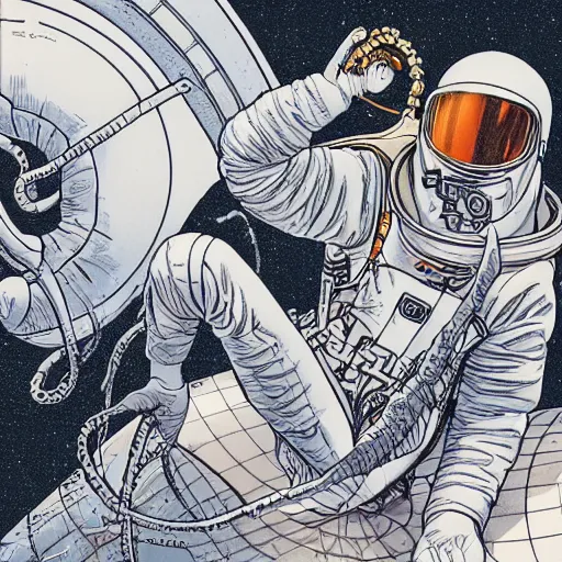 Prompt: Octopus on a spacewalk, Industrial Scifi, detailed illustration, techwear, Chiaroscuro, character portrait, by Martin Grip and Moebius