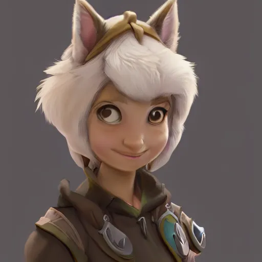 Image similar to portrait character design a cute fluffy wolf girl, style of maple story and zootopia, 3 d animation demo reel, portrait studio lighting by jessica rossier and brian froud and gaston bussiere