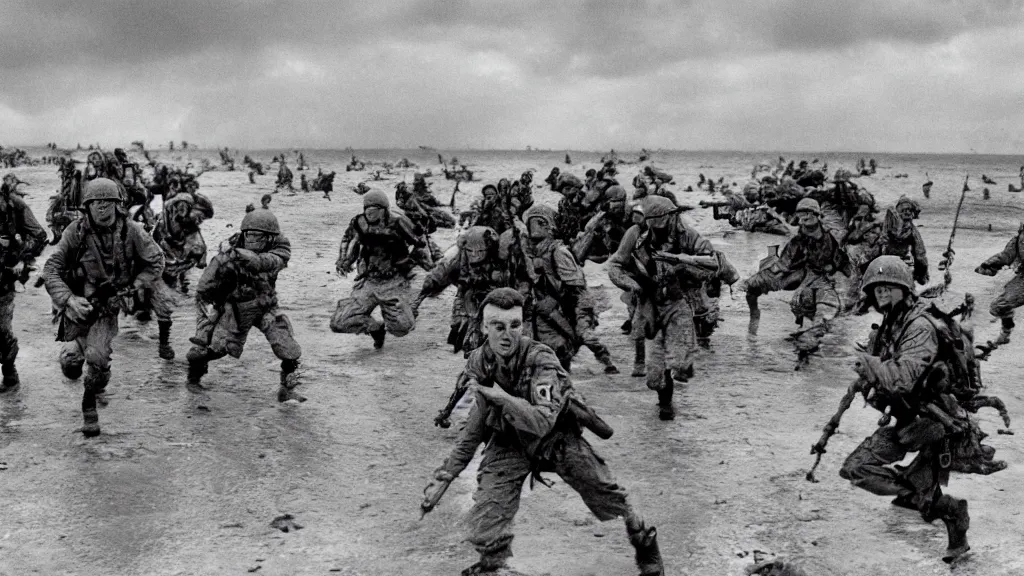 Prompt: Saving Private Ryan storming the beach at Normandy but all of the soldiers are velociraptors, movie screenshot, directed by Henry Selick and Tim Burton.