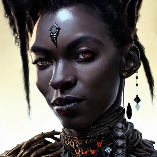 Image similar to a dark and ominous african queen with glowing eyes, a black diamond in her forehead, and jewelry made of bones, Apex Legends character digital illustration portrait design, by android jones and greg rutkowski in a cyberpunk voodoo style, detailed, cinematic lighting, wide angle action dynamic portrait