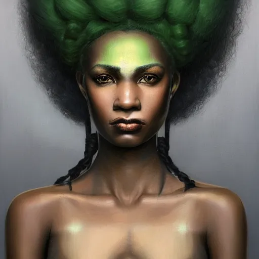 Image similar to a detailed matte oil on canvas head on symmetrical portrait of black skinned woman with long white and ( ( ( pale greenish ) ) ) hair, clothed by charlie bowater, lise deharme, wlop, trending on artstationhd, dungeons and dragons art critical role