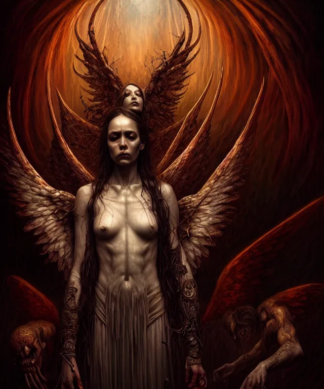 Image similar to epic professional digital art of angels and demons, horrific yet beautiful vibe, evocative, atmospheric lighting, painted, intricate, highly detailed, by leesha hannigan, wayne haag, reyna rochin, ignacio fernandez rios, mark ryden, iris van herpen, artstation, cgsociety, stunning, gorgeous, sharp focus, cinematic, masterpiece