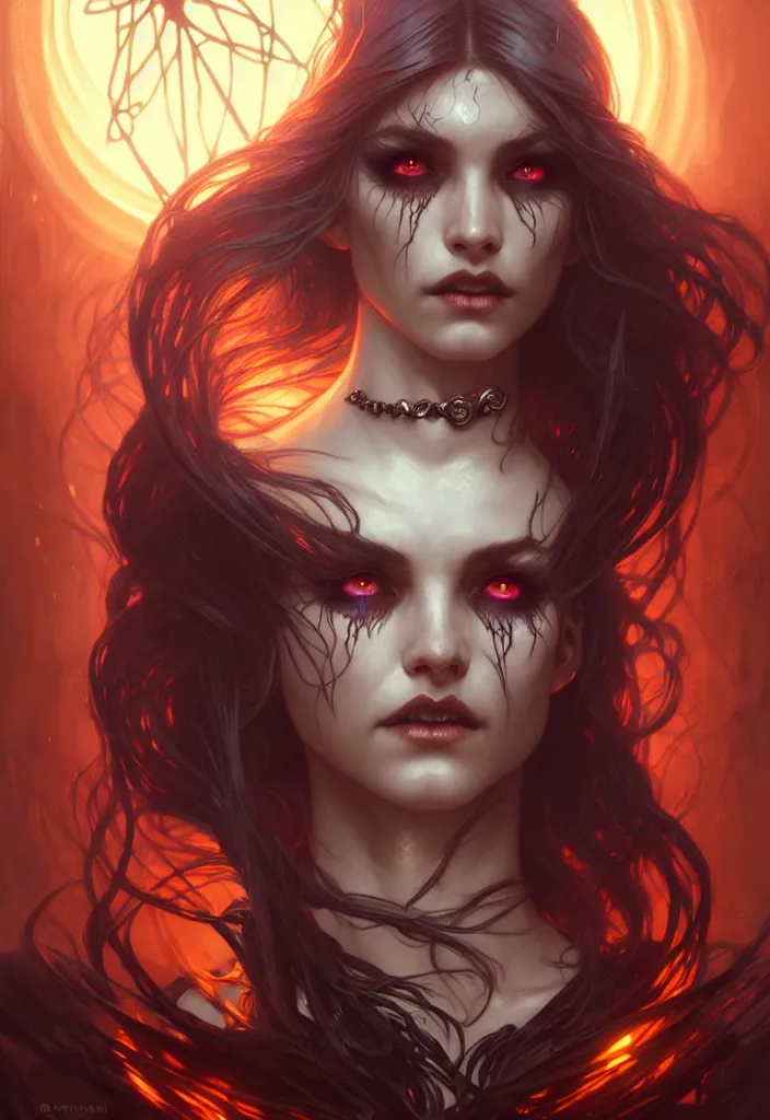 Image similar to Necromancer Sorceress face in center, fantasy magic, undercut hairstyle, dark light night, intricate, elegant, sharp focus, illustration, highly detailed, digital painting, concept art, matte, art by WLOP and Artgerm and Greg Rutkowski and Alphonse Mucha, masterpiece