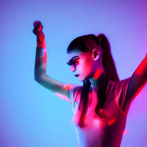 Image similar to grimes on stage dancing, volumetric neon lights in the background, gleaming, 3 5 mm photography, portrait!!!!!!, trending on artstation, 4 k, 8 k, zbrush, mannerism