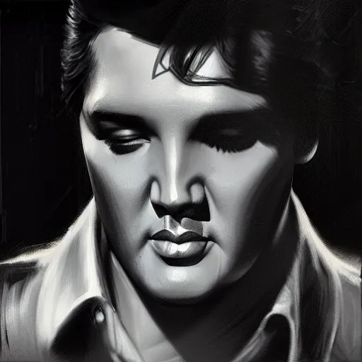 Image similar to elvis presley, hyperrealistic portrait, bladerunner street, art of elysium by frank frazetta and jeremy mann and alphonse mucha, fantasy art, photo realistic, dynamic lighting, artstation, poster, volumetric lighting, very detailed face, 4 k, award winning