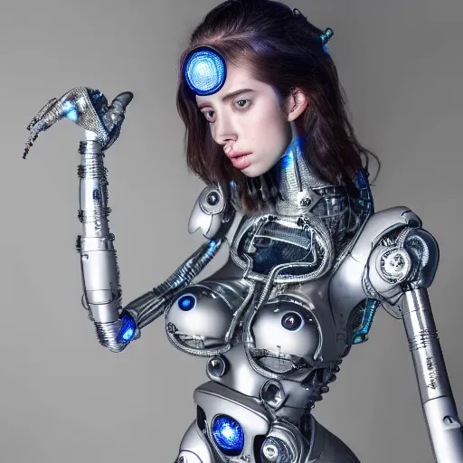 Image similar to beautiful Fine art photo portrait of sensuous Sarah Mcdaniel as a solarpunk robotic goddess, white mechanical parts with led lights, photorealistic, white background, highly detailed and intricate, studio lighting, HDR 8k