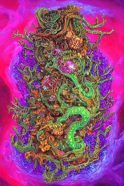 Image similar to creature sushi roots cactus elemental flush of force nature micro world fluo light deepdream a wild amazing steampunk baroque ancient alien creature, intricate detail, colorful digital painting radiating a glowing aura global illumination ray tracing