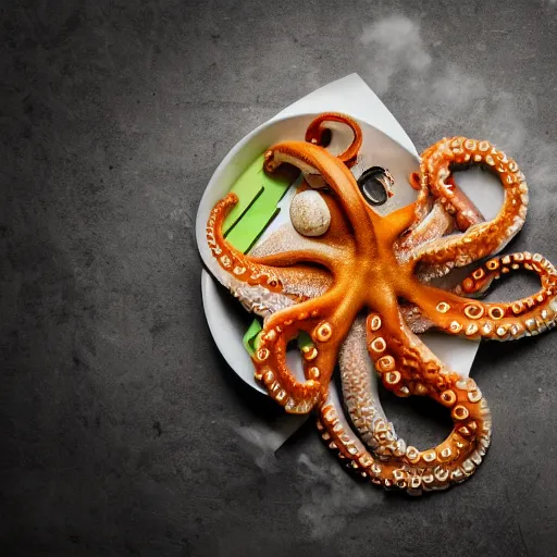 Image similar to octopus made of steel eating fastfood, 5 5 mm