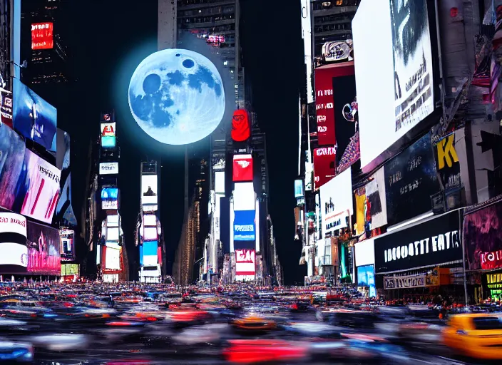 Image similar to film still of the moon shattering into pieces over time square in the new disaster movie, 8 k, night time