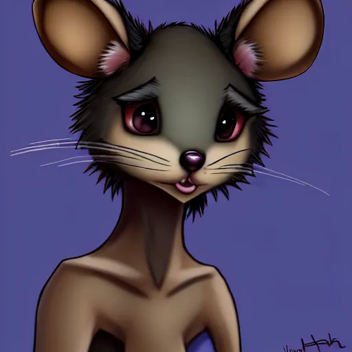 Image similar to headshot of young fursona female mouse, healthcliff style, cute, fantasy, intricate, long hair, dark grey skin, mouse face, furry mouse, dark skin, mouse head, mouse ears, black hair, elegant, cartoony, furry Deviantart art of the day, furry character, character art, smooth, sharp focus, illustration, art by adoptables