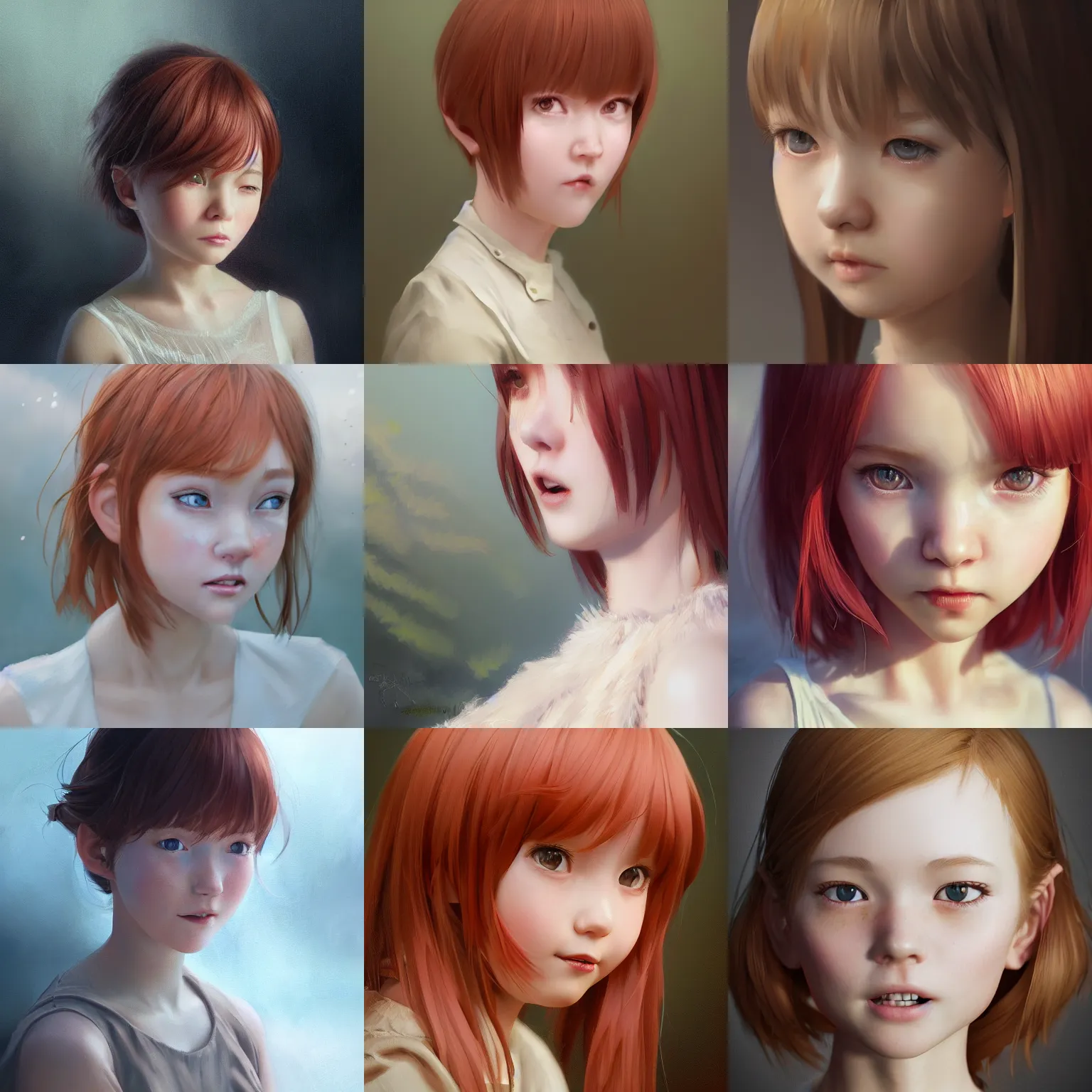 Image similar to realistic style at CGSociety by WLOP,ilya kuvshinov,krenz cushart,Greg Rutkowski,trending on artstation.Zbrush sculpt colored,Octane render in Maya,Houdini VFX.Realistic close-up face,cute young redhead girl,expressing joy,wearing dress,silky hair, deep eyes.Oil painting.Cinematic dramatic atmosphere,sharp focus,soft volumetric studio lighting.