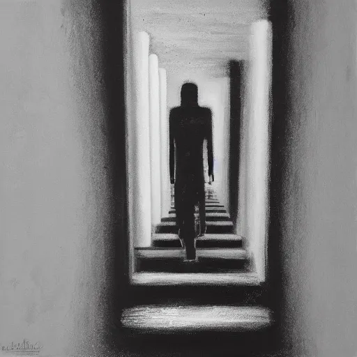 Prompt: a solemn simulacrum, standing inside an infinite corridor, trending on artstation, abstract black and white painting