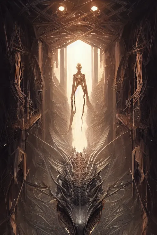 Image similar to professional concept art symmetrical portrait of a terrifying! mechanical predatory fractal! species in a dark room by artgerm and greg rutkowski. an intricate, elegant, highly detailed digital painting, concept art, smooth, sharp focus, illustration, in the style of cam sykes.