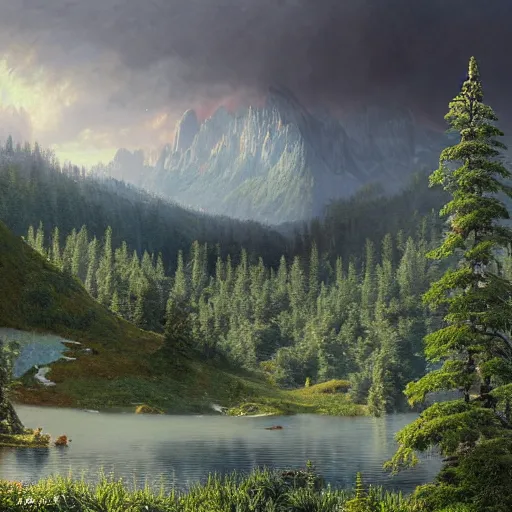 Image similar to a beautiful and highly detailed matte painting of an epic lush mountain range stretching into the distance, fir trees, pine trees, flowers, a lake in the distance, intricate details, epic scale, insanely complex, 8 k, sharp focus, hyperrealism, very realistic, by caspar friedrich, albert bierstadt, greg rutowski, james gurney, zeen chin,