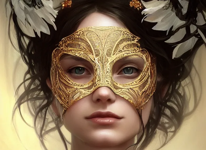 Image similar to masked, perfectly-centered-Portrait of the most beautiful woman on the planet , intricate, highly detailed, artstation, concept art, smooth, sharp focus, illustration,award-winning, Unreal Engine 5, 8K, art by artgerm and greg rutkowski and alphonse mucha