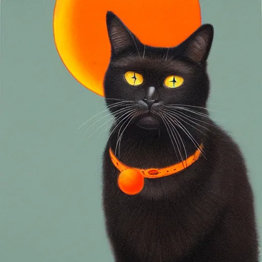 Image similar to an Hyper realistic artwork of a black cat with orange eyes looking at the white moon by Jason de Graaf