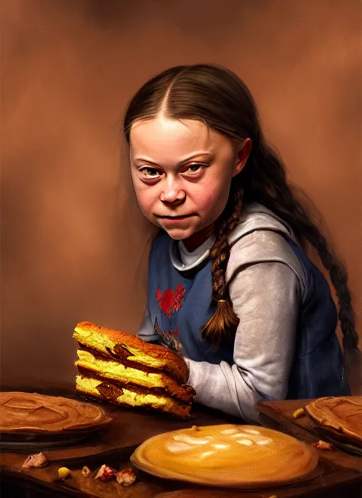 Prompt: portrait of greta thunberg as a medieval goblin eating cakes, beautiful face, hyper realistic, highly detailed, digital painting, artstation, illustration, concept art by hyung tae and frank frazetta, digital paint, matte paint, washed colors, dark, gloomy