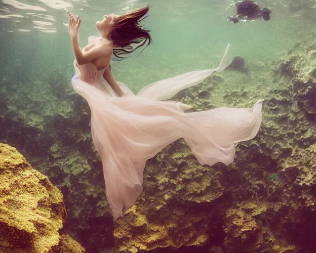 Image similar to beautiful female portrait, full body, diver in long flowy dress, underwater, cinematic volumetric lighting, soft bokeh, glow, 8 k, by wlop, by ross tran, fashion photography