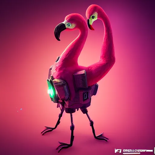 Prompt: cyberpunk flamingo, macro, vibrant, 30mm photography, gta artstyle, wide shot, dramatic lighting, octane render, hyperrealistic, high quality, highly detailed, artstation, HD, beautiful, cinematic, 8k, unreal engine, facial accuracy, symmetrical