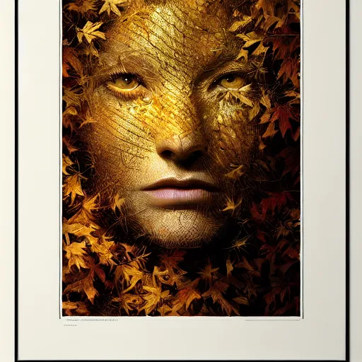 Image similar to golden leaves at frame border, creative!!! composition for a book cover, absurdly beautiful, ultrafine hyperrealistic detailed animal face by wlop and artgerm and greg rutkowski, intricate linework, sharp focus, smooth, octopath traveler, final fantasy, unreal engine, dramatic lighting, ethereal, 8 k