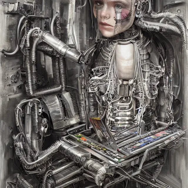 Image similar to robot artist painting a self - portrait on a canvas. intricate, highly detailed, digital matte painting in the style of h. r. giger. irony, recursion, inspiration.