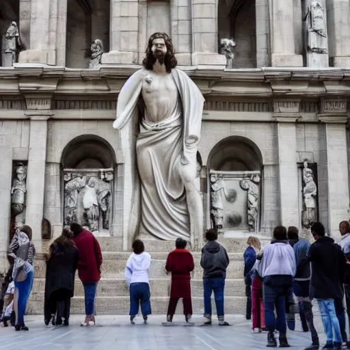 Image similar to religious debate between people in front of concrete statue of Christ