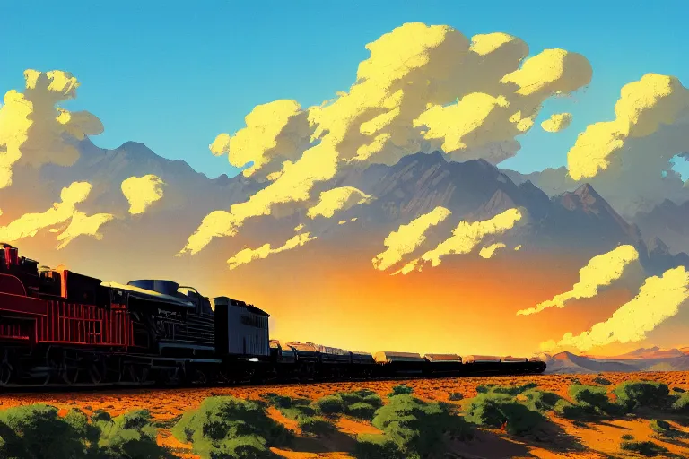 Prompt: idyllic old western freight train illustration by syd mead, artstation, 4 k, graphic novel, concept art, matte painting, steam engine spewing billowy white clouds of steam, beautiful mountain desert sunset background, golden hour