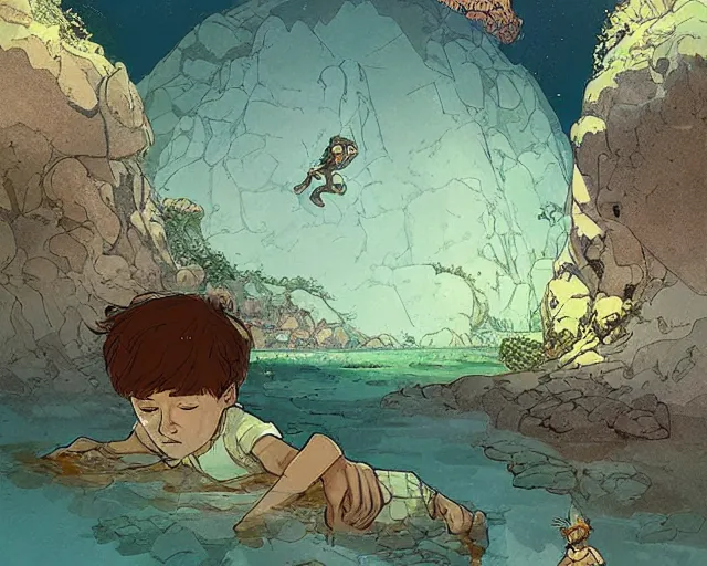 Image similar to a boy sneaking behind a giant sleeping cyclops, in a cave by the water, digital art, illustrated by james gurney and victo ngai