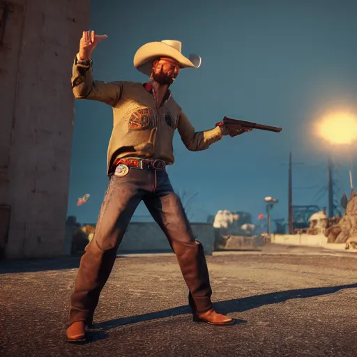 Prompt: a cowboy is shocked, bullets hit him in the chest, he hold a revolver, 4 k hd high quality, octane render, unreal 5, photo taken by a nikon