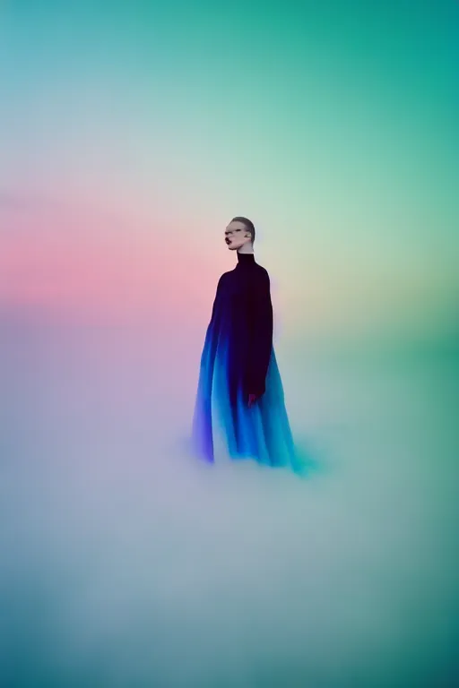 Image similar to high quality pastel coloured film close up wide angle photograph of a model wearing clothing swimming on cloud furniture in a icelandic black rock!! environment in a partially haze filled dreamstate world. three point light, rainbow. photographic production. art directed. pastel colours. volumetric clouds. pastel gradient overlay. waves glitch artefacts. extreme facial clarity. 8 k. filmic.