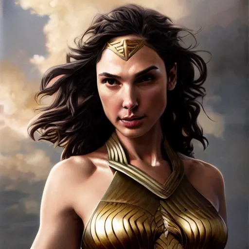 Prompt: painting of gal gadot, bikini armor, ultra realistic, concept art, intricate details, eerie, highly detailed, photorealistic, octane render, 8 k, unreal engine, art by artgerm and greg rutkowski and alphonse mucha