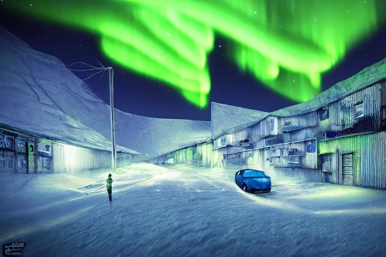 Prompt: favela winding cybernetic thrill ride, snowy arctic environment, industrial factory, bright, aurora borealis, award winning art, epic dreamlike fantasy landscape, ultra realistic,