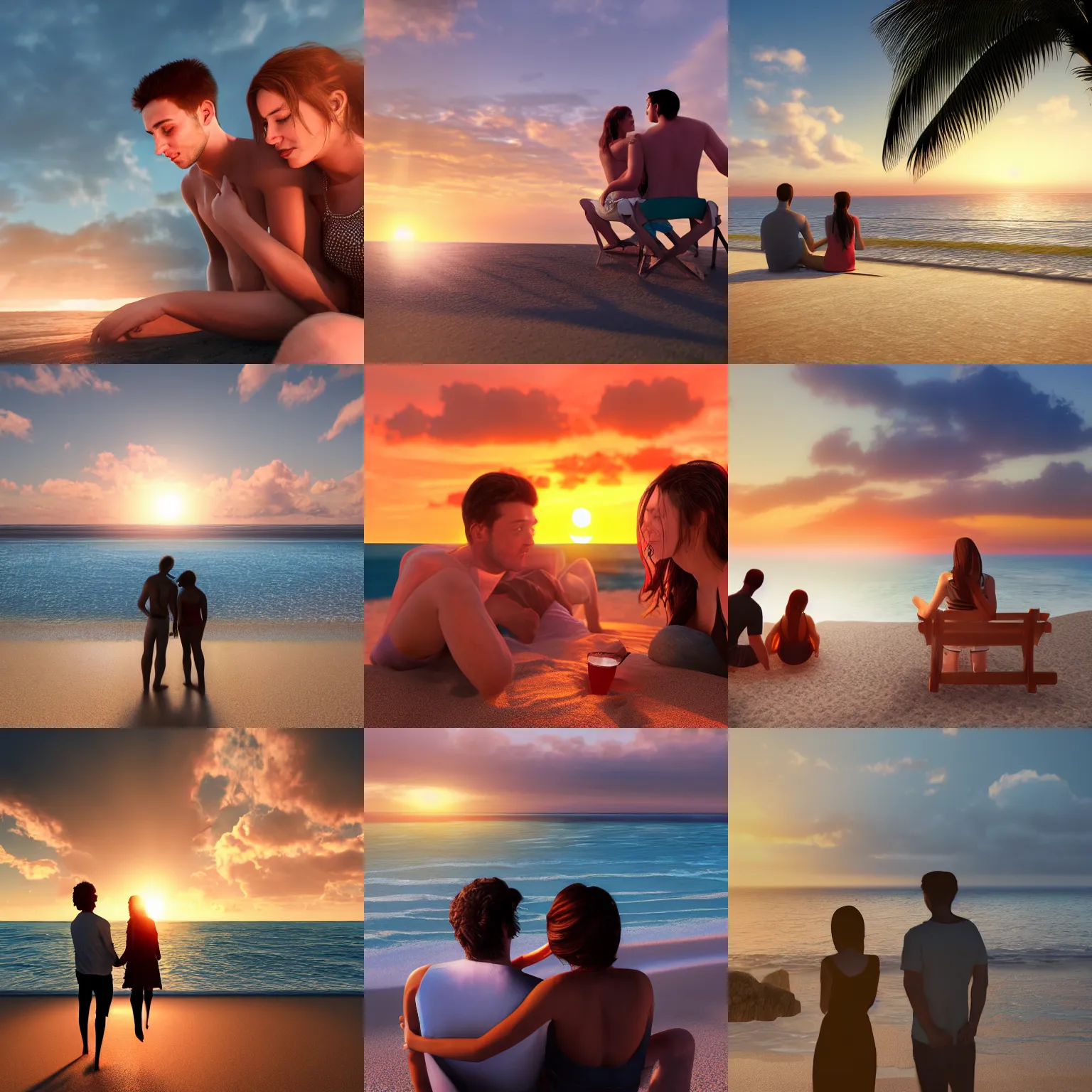 Prompt: a young couple watching the sunset on the beach, highly detailed, photorealistic, 8 k octane render epic high dynamic lighting, cinematic lighting, volumetric lighting, ultra realistic, hyper realistic, intricate details