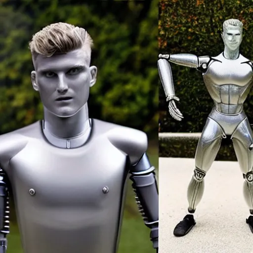 Image similar to a realistic detailed photo of a guy who is an attractive humanoid who is half robot and half humanoid, who is a male android, soccer player timo werner, shiny skin, posing like a statue, blank stare, by the pool, on display, showing off his muscles, humanoid robot, frozen ice statue, made of ice