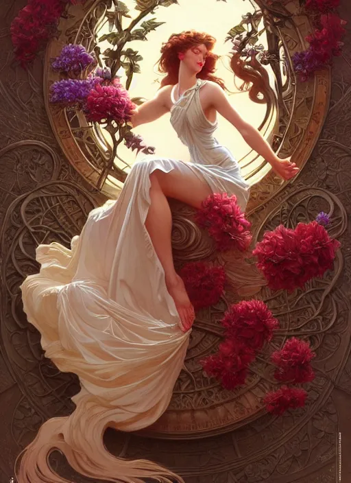 Image similar to leyendecker, michael whelan, beautiful french woman with long wavy hair, graceful arms, jewels, flowers, art nouveau, stephen bliss, unreal engine, by greg rutkowski, loish, ferdinand knab, ilya kuvshinov, rossdraws, tom bagshaw, alphonse mucha, global illumination, radiant light