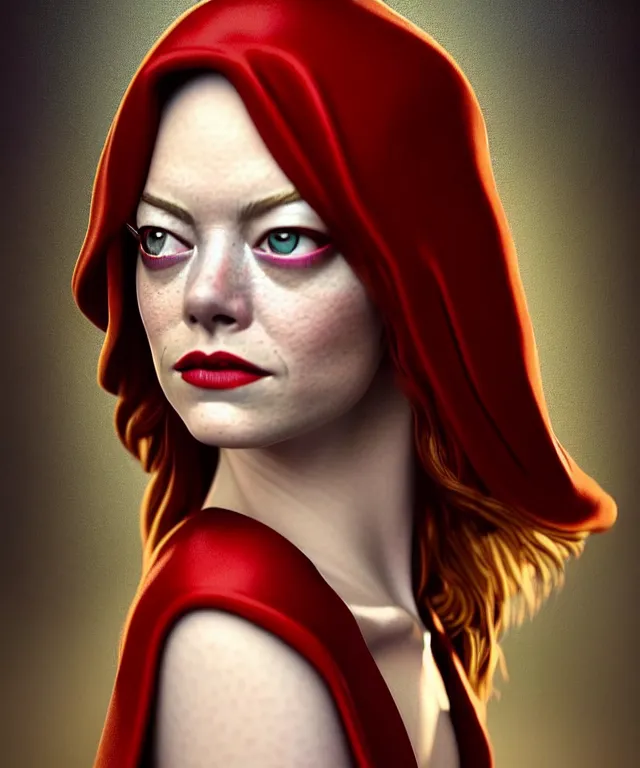 Image similar to hyperrealistic mixed media painting of Emma Stone as a beautiful young female mage, stunning 3d render inspired art by P. Craig Russell and Barry Windsor-Smith + perfect facial symmetry + dim volumetric lighting, dark red hair, pale skin, crimson robes, dizzy, full body, confident heroic pose, arms crossed, d&d, 8k octane beautifully detailed render, post-processing, extremely hyperdetailed, intricate, epic composition, grim yet sparkling atmosphere, cinematic lighting + masterpiece, trending on artstation, very very detailed, masterpiece, stunning