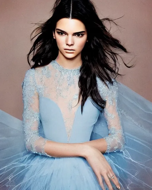 Prompt: annie leibovitz style photoshoot editorial of kendall jenner wearing a fairy dress with cream lace bodice with sleeves of sheer pale blue sequins