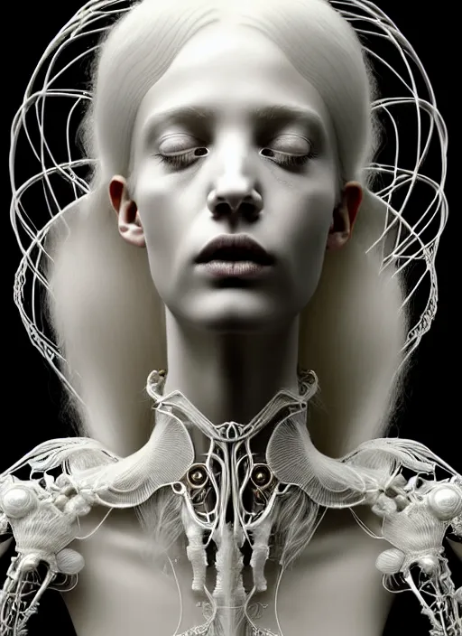 Image similar to dreamy soft luminous bw 3 d octane render, beautiful spiritual angelic biomechanical albino girl cyborg with a porcelain profile face, very long neck, rim light, big leaves and stems, roots, fine foliage lace, alexander mcqueen, art nouveau fashion embroidered collar, steampunk, silver filigree details, hexagonal mesh wire, mandelbrot fractal, elegant