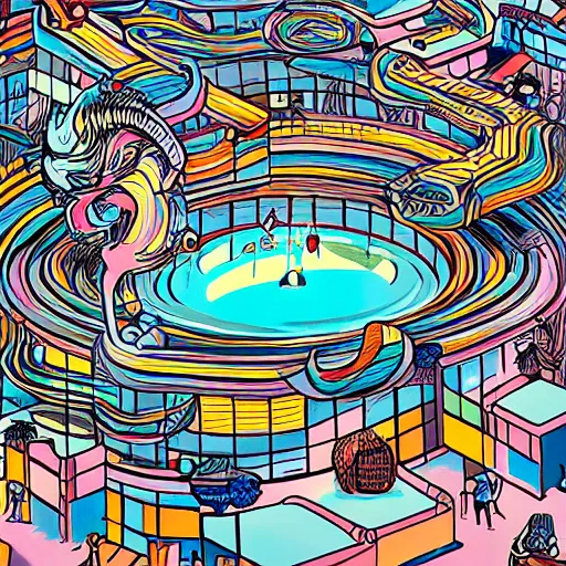 Image similar to colorful pixar, mcbess illustration, a portal to another world, opened in the middle of a swimming pool