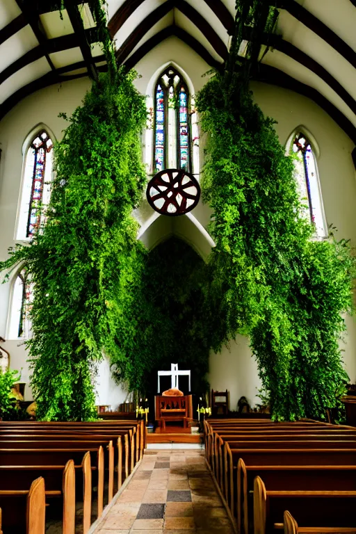 Image similar to photo inside a church overgrown by lush plants, ornate