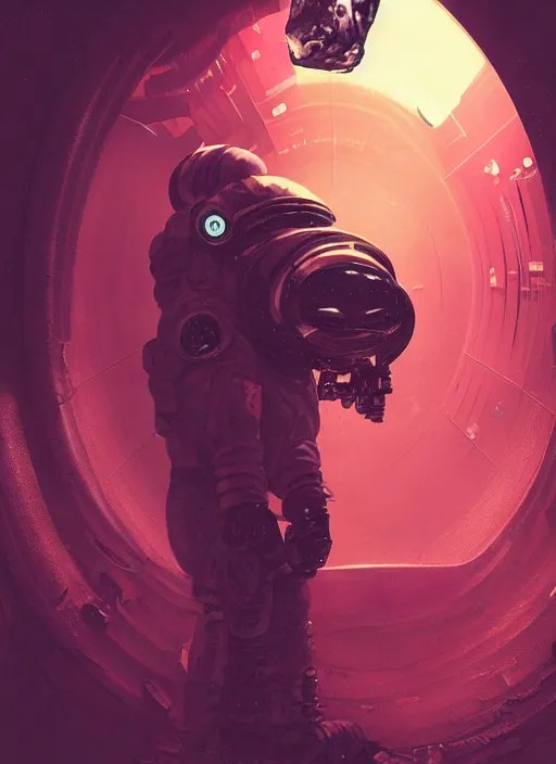 Image similar to a man in a space suit standing in a tunnel, cyberpunk art by neil blevins, cgsociety, retrofuturism, sci - fi, darksynth, dystopian art