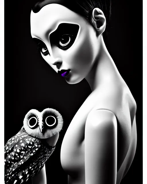 Image similar to surreal mythical dreamy dark artistic black and white fine art 3 / 4 fashion portrait photo of a young beautiful delicate female robot with realistic orchid - owl face, rim light, cinematic, studio dramatic light, poetic, masterpiece, octane render, 8 k, photo - realistic by hg giger and man ray