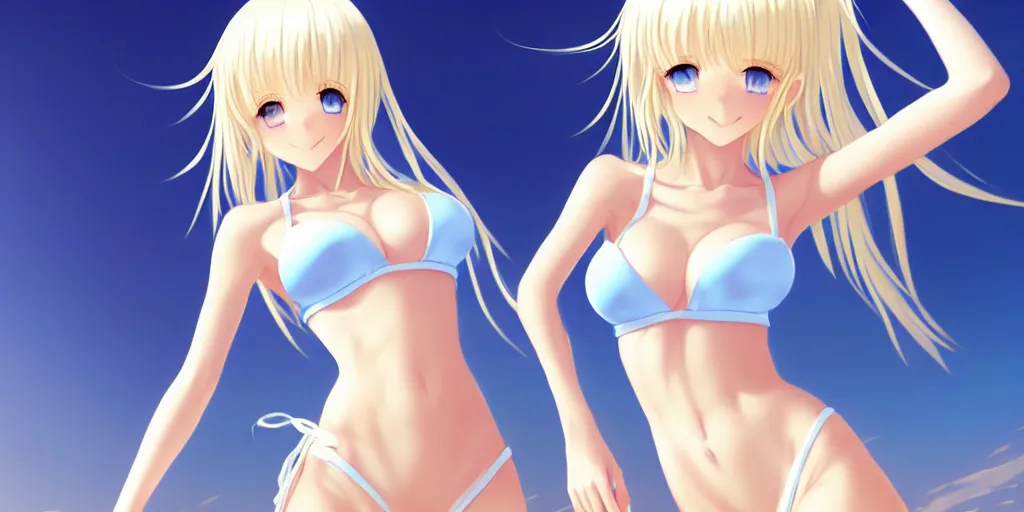 Image similar to tiny father a tall daughter picture : a very beautiful young blond anime girl, sky blue eyes, bikini, white miniskirt, highly detailed, cinematic wallpaper by stanley artgerm lau