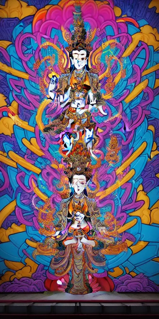 Image similar to epic graffiti mural of a 1000 armed Quan Yin deity, colorful and dynamic in the style of Hownosm and James Jean, ultimate collab, epic, unreal engine 5, coming to life popping out of the wall 3d,