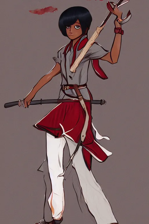 Image similar to young-looking dark-skinned female mage with brown bob-cut hair, wearing white shirt and necklace with grey short-sleeved jacket with red trim, belt, black pants and boots with red lacing, and carrying a wooden staff with floating red crystals. illustrated by Viorie