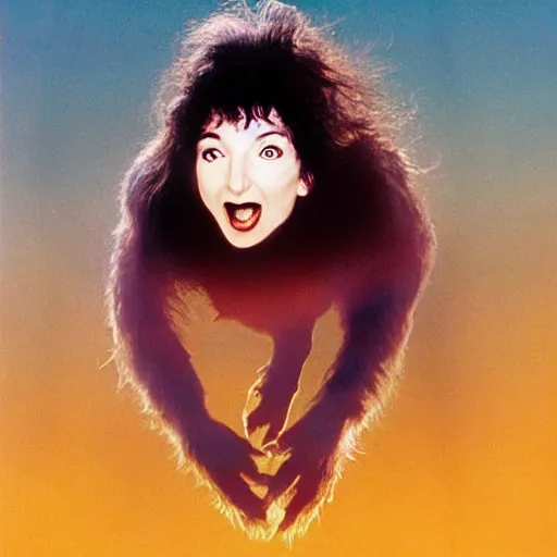 Prompt: Kate Bush as a werewolf howling at the moon